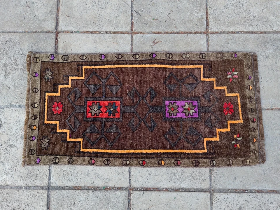 Vintage Turkish Rug 2.9x1.5 ft Handwoven Wool Brown Tribal Anatolian Carpet - Image 4 of 4