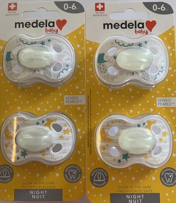 (4) Medela Glow In The Dark Pacifiers Orthodontic 0-6 Months Swiss Made NEW