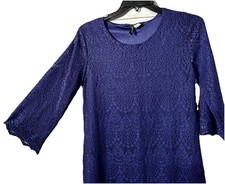 Divided Blue Lace Shift Dress Scalloped Hem 3/4  Sl Round Neck 8 Day To Night