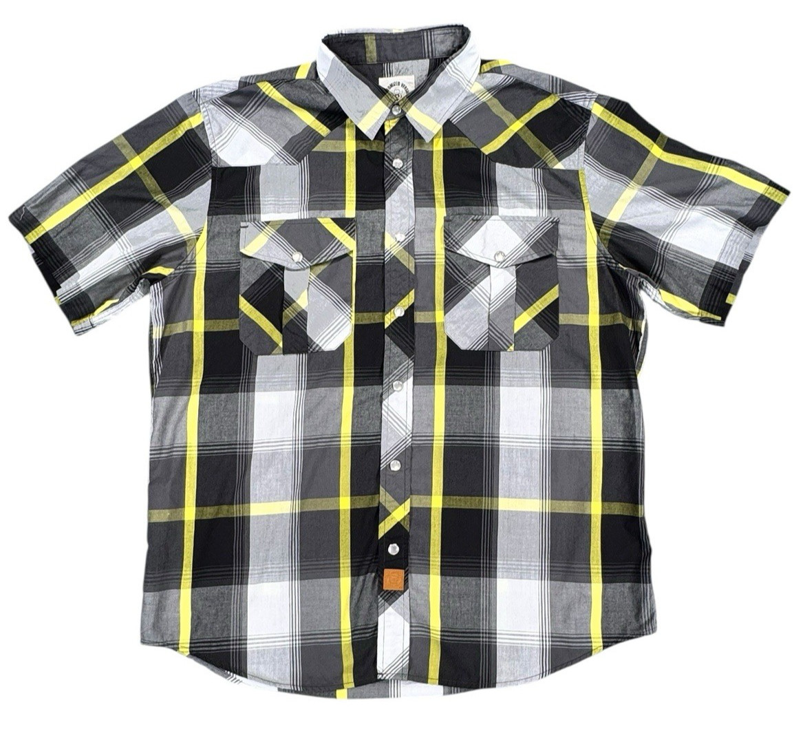 Dubinik Western Shirt Mens L Black /White /Yellow Plaid Pearl Snap Short Sleeve