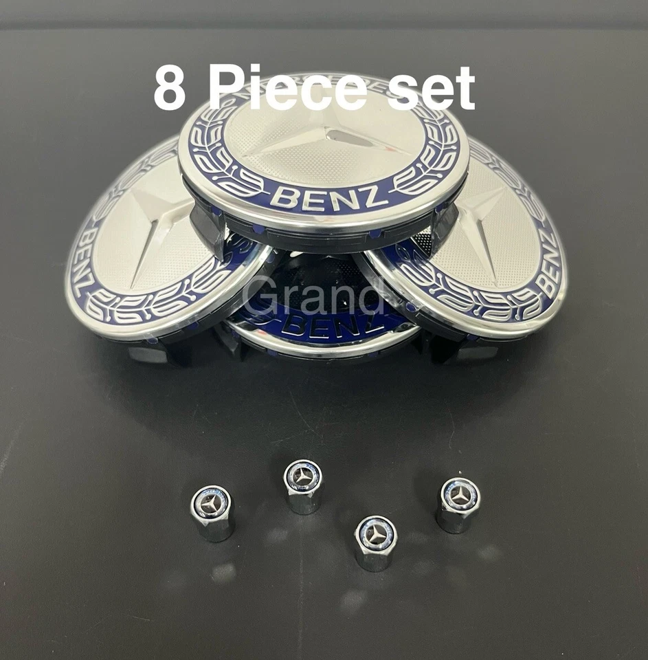 Juego de 8 piezas AZUL/CROMO para tapacubos centrales de llantas y tapones de aire de neumáticos Mercedes-Benz Foto 2 de 4