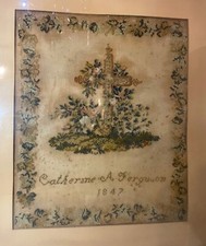 antique 1800's hand embroidered needlepoint sampler religious cross memorial art
