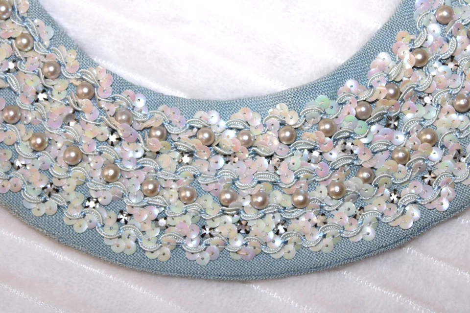 Винтажное вышитое платье воротник блестки искусственный жемчуг синий лен - Изображение 2 из 4