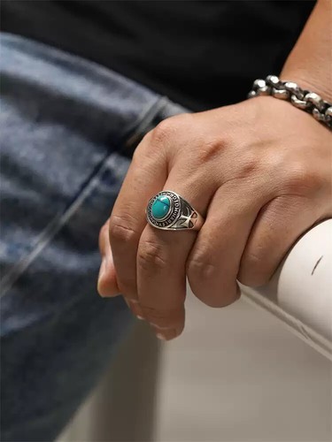 925 sterling silver Iron cross vintage Harley biker inlay natural turquoise ring - Picture 15 of 24