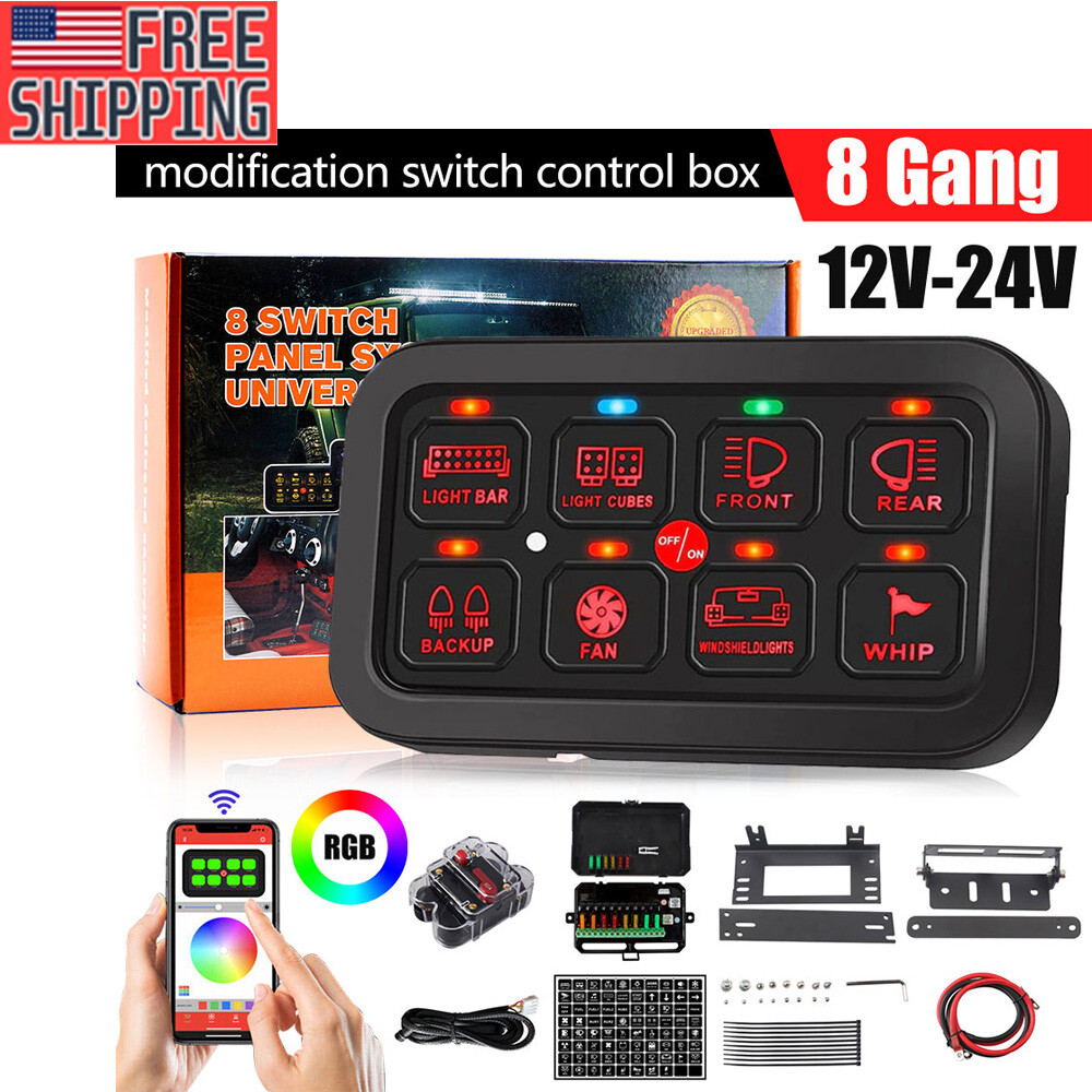 8 Gang RGB Work Light Switch Control Relay System Panel APP 24V For Jeep Truck /