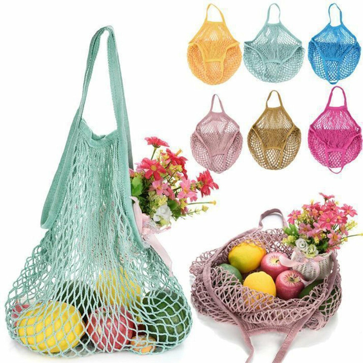 Reusable Cotton Mesh Grocery Bags Foldable Long Handle Net Tote Bag for Shopping