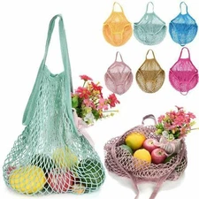 Reusable Cotton Mesh Grocery Bags Foldable Long Handle Net Tote Bag for Shopping