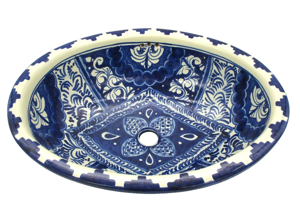 Fregadero de baño de cerámica Talavera cerámica mexicana azul caída X grande ovalado de colección 21" Foto 2 de 4