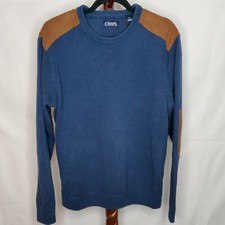 Chaps men's size L pullover sweater blue w suede trim crew neck long sleeve