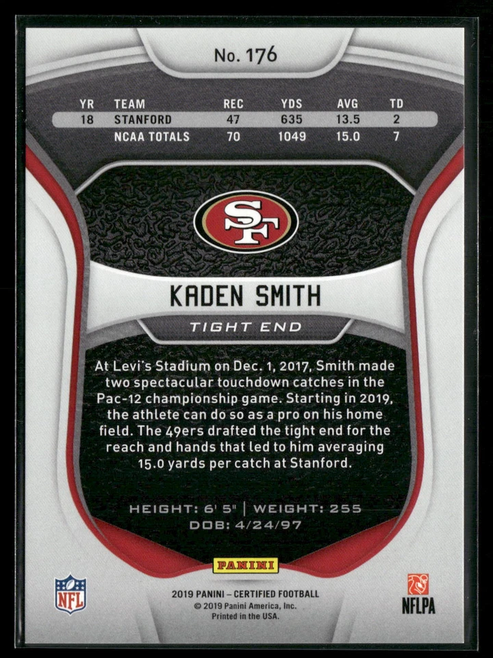 Kaden Smith 2019 Panini Certified #176 208/299 Rookie Mirror San Francisco 49ers - Image 2 of 2