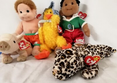 Ty Beanies Spielzeug x 5 - Schwein, Küken, Leopard & zwei Jungen. Neu mit Etikett.