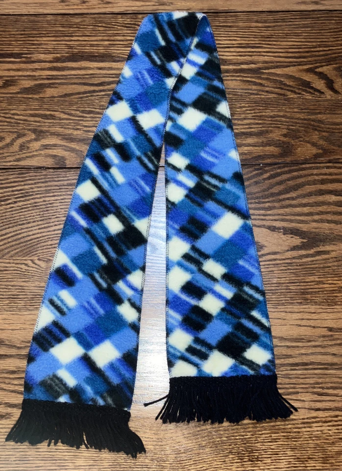 Bufanda vintage años 50 polar azul patrón geométrico con flecos de hilo Foto 4 de 4