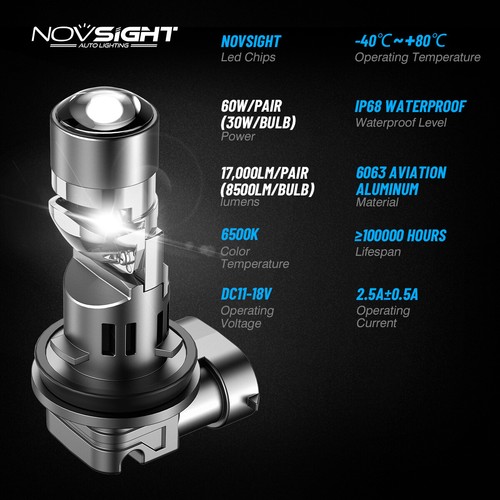 NOVSIGHT LED Headlight Bulbs H11 H8 H9 Canbus High Low Beam Fog Light Lamp 6500K - Picture 11 of 13
