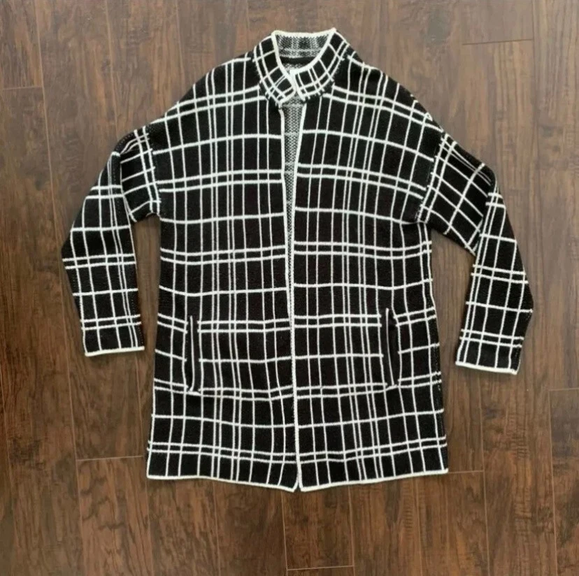 Cárdigan Suéter Largo Blazer Elle Mediano Negro Blanco Diseñador Bolsillos Cuadros Foto 2 de 4