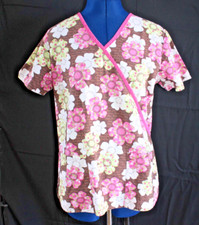 Scrub H.Q. 2-Pocket V-Neck Scrub Top Brown Pink Green Floral Size S