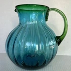 Vtg Blenko Blown Art Glass Ocean Blue Green Rimmed Pitcher XXLarge Body 8"xH 8"