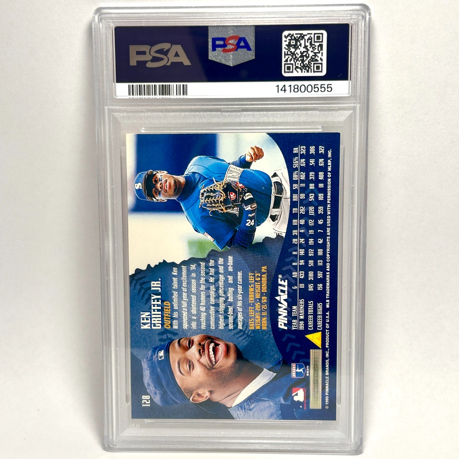 1995 Pinnacle - Ken Griffey Jr #128 PSA 7 NM Iconic Blowing Bubble Mariners HOF view 4