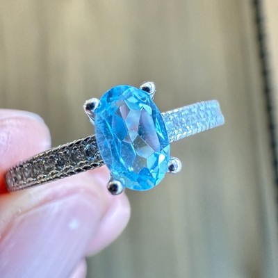 925 Sterling Silber Ring oval blau 6x4 mm natürlicher Topas Edelstein Zirkon Damen