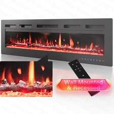 60" Electric Fireplace Wall Mounted & Recessed w/ Crackling Sound Timer Remote