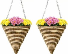 Image of Hanging Baskets 12" Wicker Cone Flower Plant Pot Bed Garden Decoration Set of 2