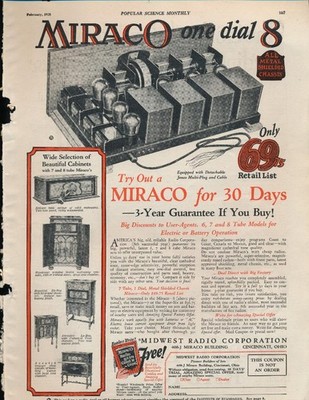 Magazine Ad - 1928 - Miraco on dial 8 radios - Midwest Radio Co., Cincinnati, OH