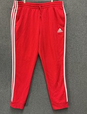 Mens ADIDAS essentials fleece jogger pants sweats - MEDIUM - RED w/wht stripes