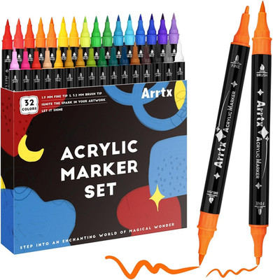 Acrylic Pens Paint Markers 32 Colors, Dual Tip Acrylic Paint Markers with Brush