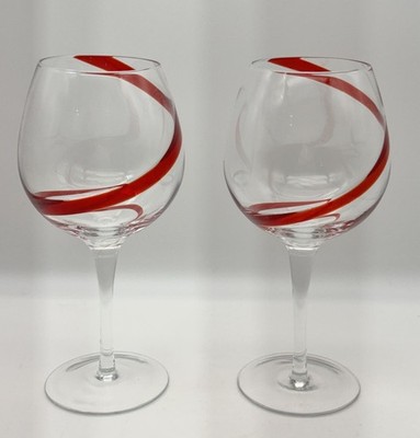 Pier 1 Swirline Red Balloon Wine Stemmed Glasses 18oz Retired