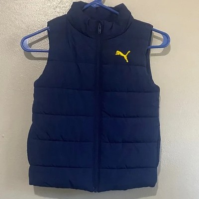Puma Puffer Vest Youth XS Blue Quilted Full Zip Lightweight Yellow Logo