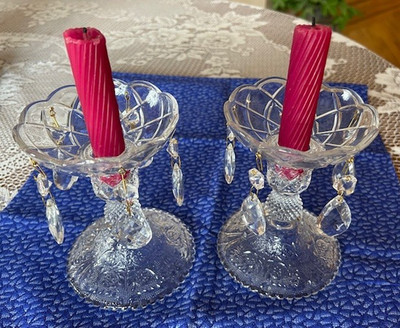 Vtg DUNCAN Miller Sandwich-Pair of  CANDLEABRA w Bobeche & PRISMS