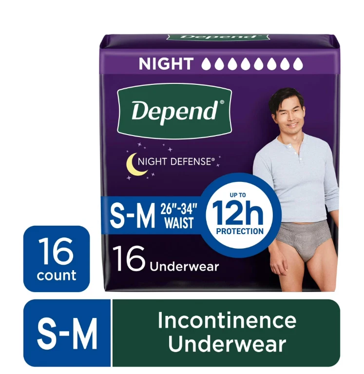 Night Defense Incontinence Underwear for Men S/M 16 Count Adult Diapers