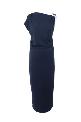 M&S Women's Dress Black Silver Trim Shoulder Asymmetric Slinky Ruched Sides New