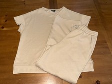 Lounge Pant Shirt Set Tan Wide Leg Sz M Comfy Casual Travel Beachy Stretch Chic