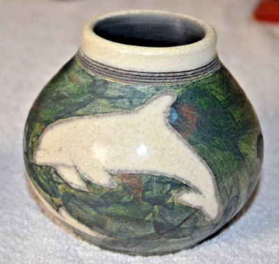 VTG. Ben Diller Raku Pottery Art Dolphin Vase Jar Signed  5  x 4. 