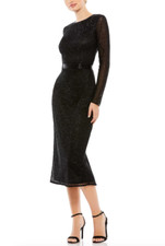 MAC DUGGAL 5530 LONG SLEEVE LATTICE BEADED MIDI BLACK COCKTAIL SHEATH DRESS 2