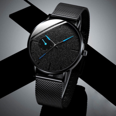 Herren elegante Armbanduhr elegante Mode Edelstahl Quarz schwarz, blaue Zeiger