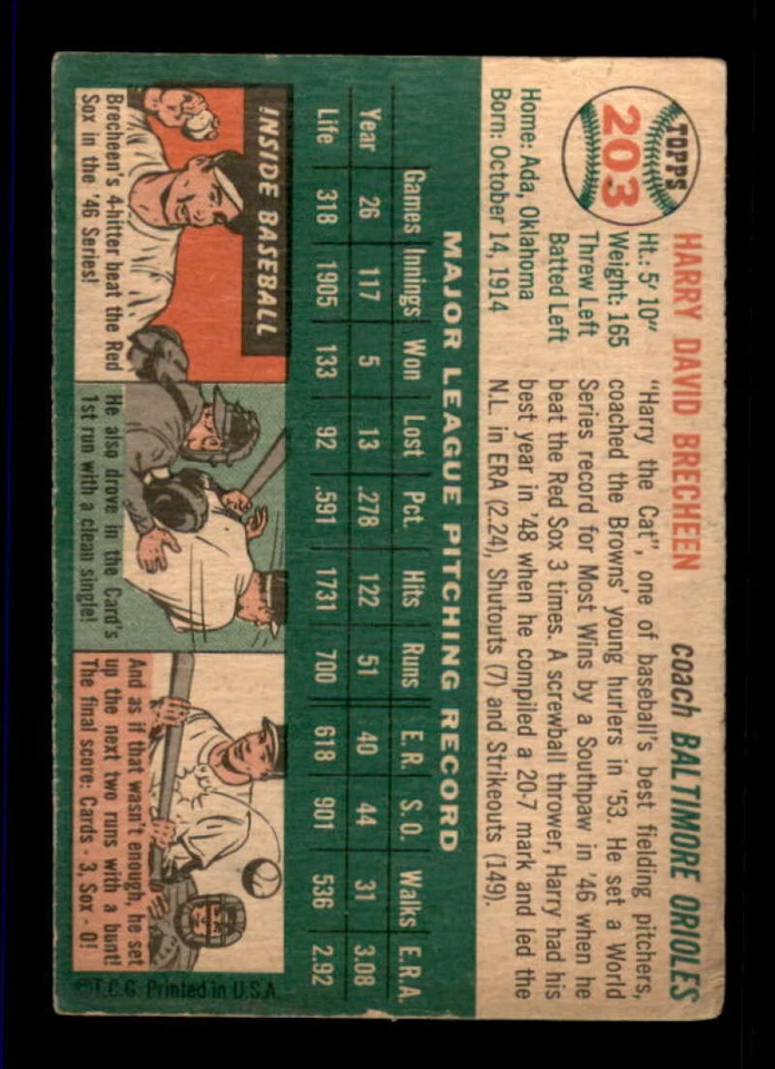 1954 Topps #203 Harry Brecheen VG/VGEX Orioles CO 553299 - Image 2 of 2
