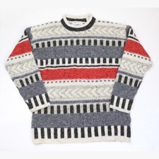 Vintage 80s Size M Oversized Sweater Chunky Knit Wool Blend Retro Stripe Grandpa