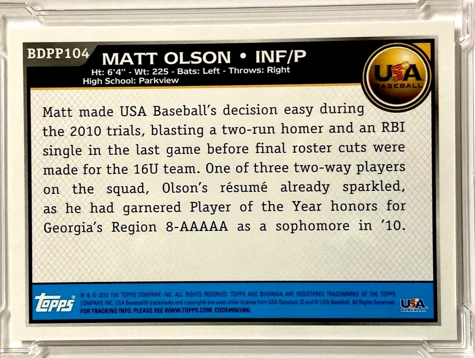 КАРТОЧКА ДЕБЮТАНТА МЭТТА ОЛСОНА 2010 TOPPS 1ST BOWMAN США #BDPP104! W/H ВЕРХНИЙ ПОГРУЗЧИК! - Изображение 2 из 2