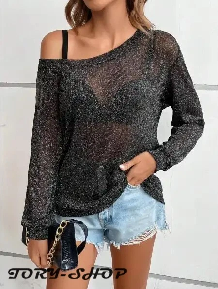 Asymmetrical Neck Drop Shoulder Glitter Sweatshirt Without Bra