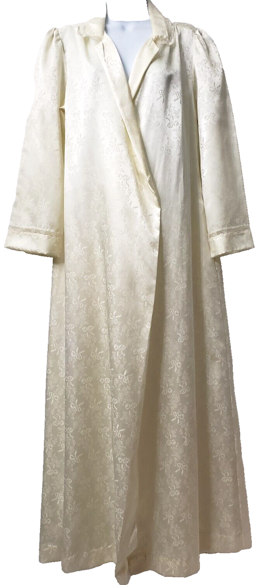 VTG 70s Christian Dior Satin Robe M Ivory Floral Long POCKETS Lace  