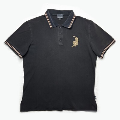Mens Just Cavalli Black Short Sleeve Polo Shirt Cheetah Slim Fit Size Medium