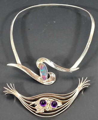 Mid Century Modern Hand Crafted Sterling Silver Opal Amethyst Choker. Australian