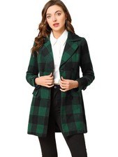 Allegra K Women's 2025 Winter Notched Lapel Pea Coat Classic Buffalo Checks D...