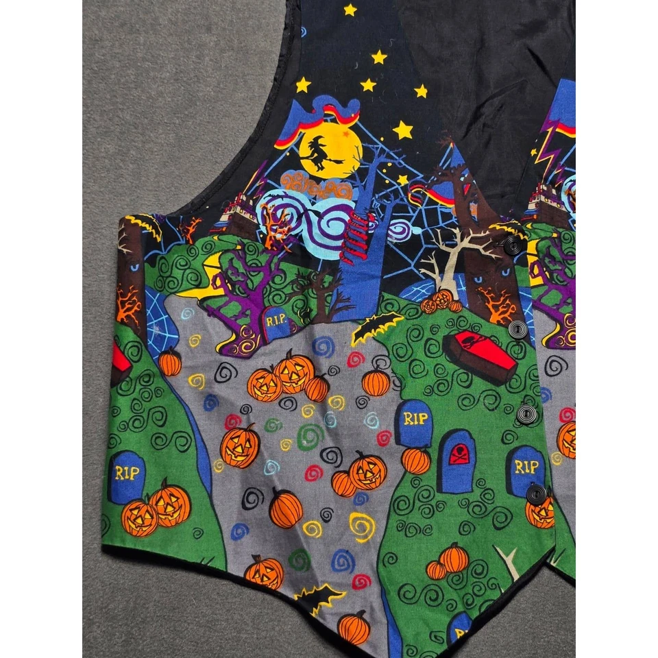 Basic Editions Spooky Halloween Vest Bats Ghosts Witch Cobwebs Graveyard 1X 90s - Image 2 of 4