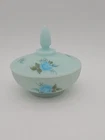 Fenton Satin Blue Custard Candy Dish W Lid Hand Painted Flowers Signed K Boley
