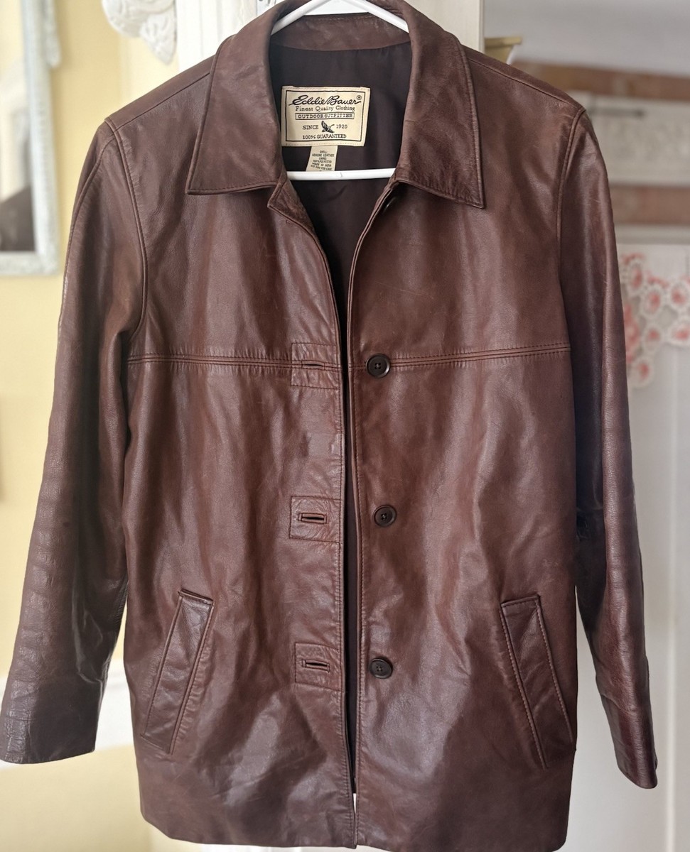 t*u様 90s Eddie Bauer real leather car co Eddie Bauer Leather Coat Men's Size S Brown Car Coat Vintage