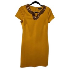 Spense Beaded Neck Dress 6 Gold Mustard Yellow Sheath Cocktail Womens