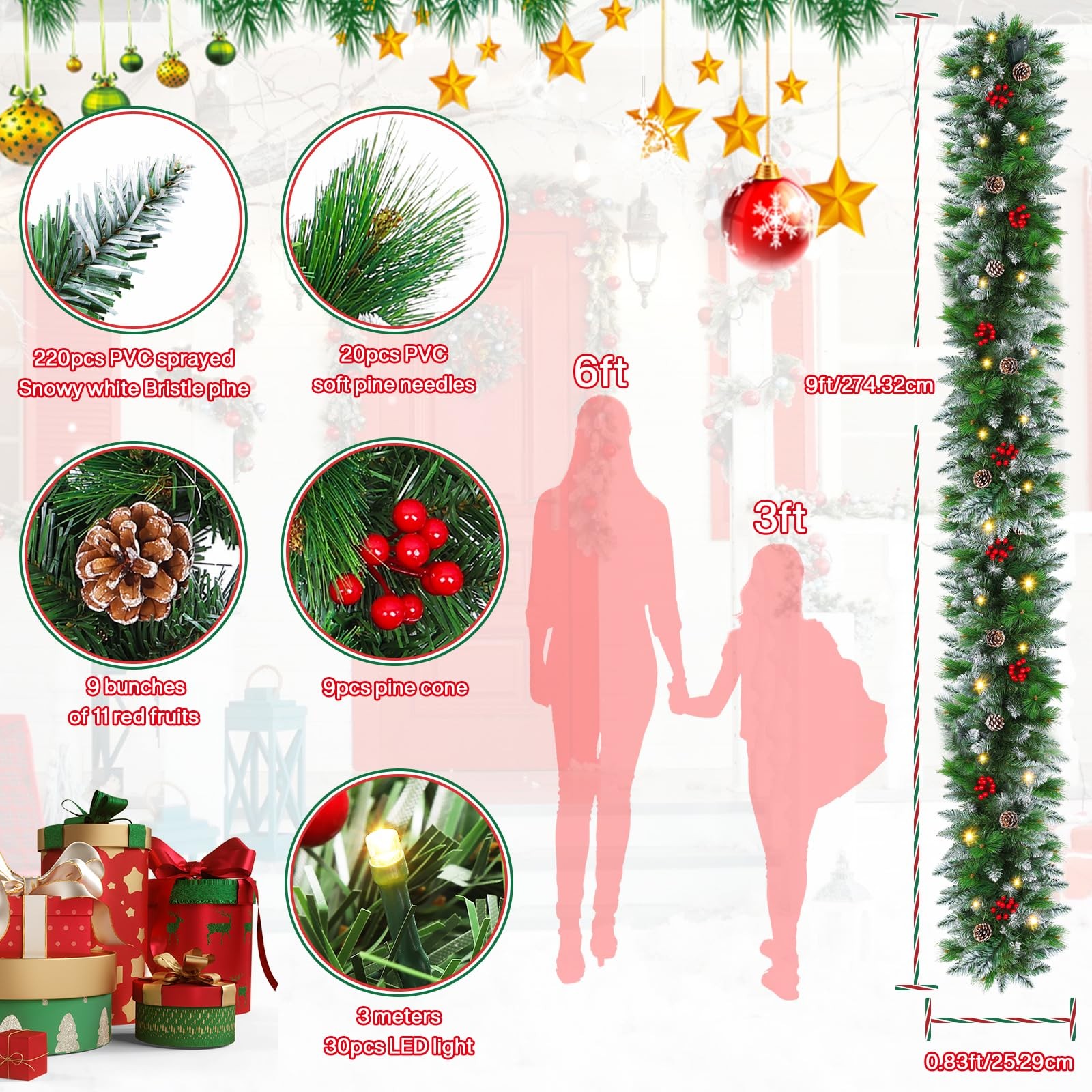9FT Pre-Lit Christmas Garland with 30 LED Lights Pine Cones Red Berries Decor