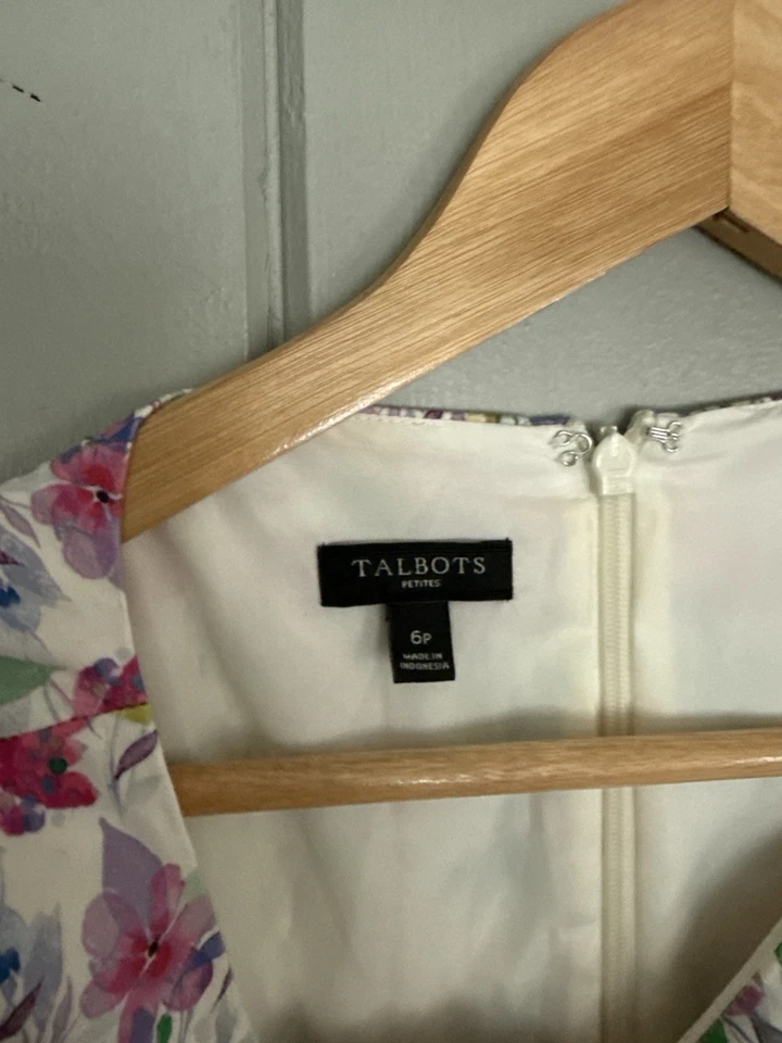 Talbots Petites Dress 6P Belted A-Line White Floral Garden Part Fit Flare Cotton - Image 4 of 4